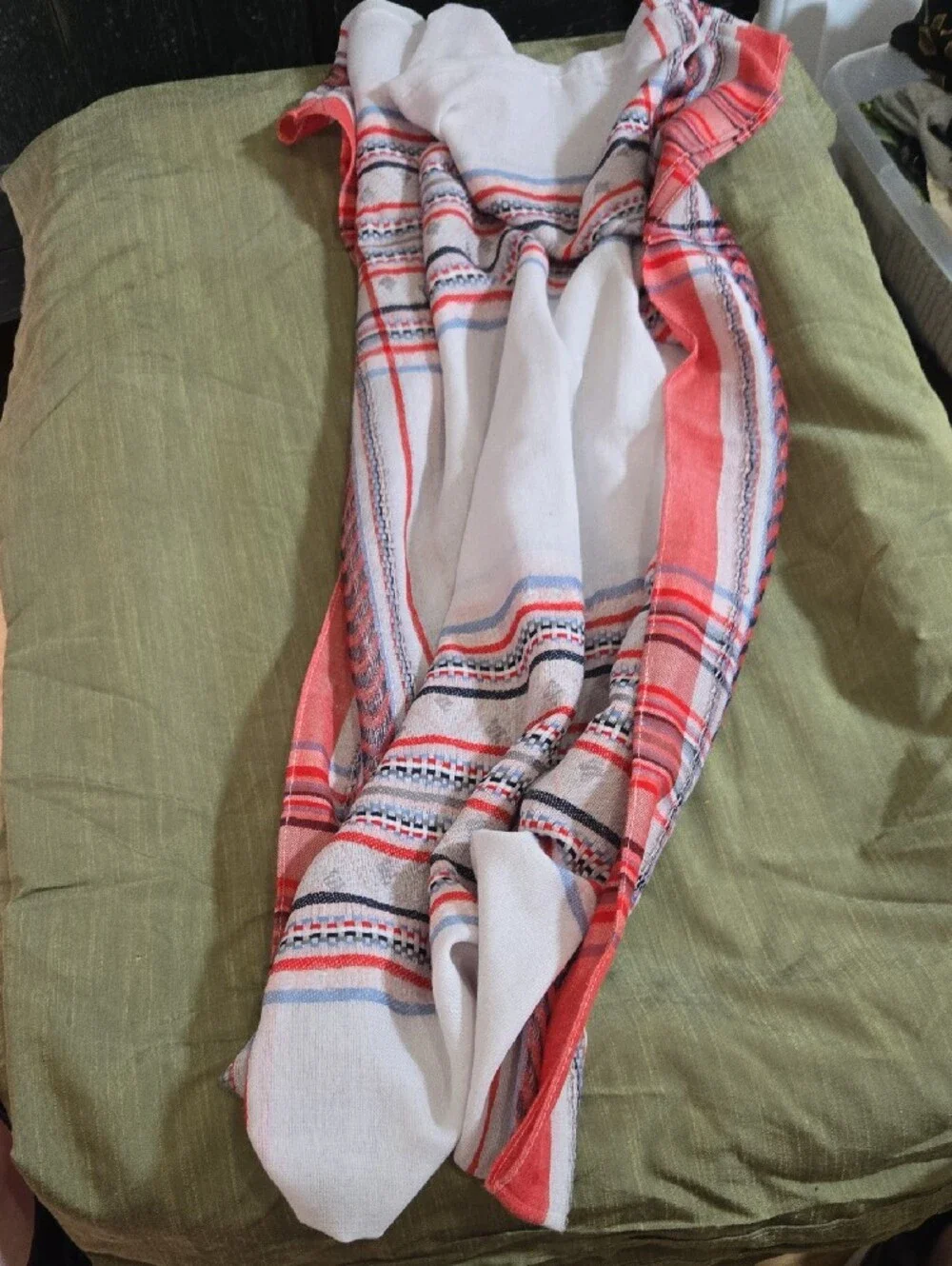 Lightweight White Scarf with Coral, Blue & Navy Stripes